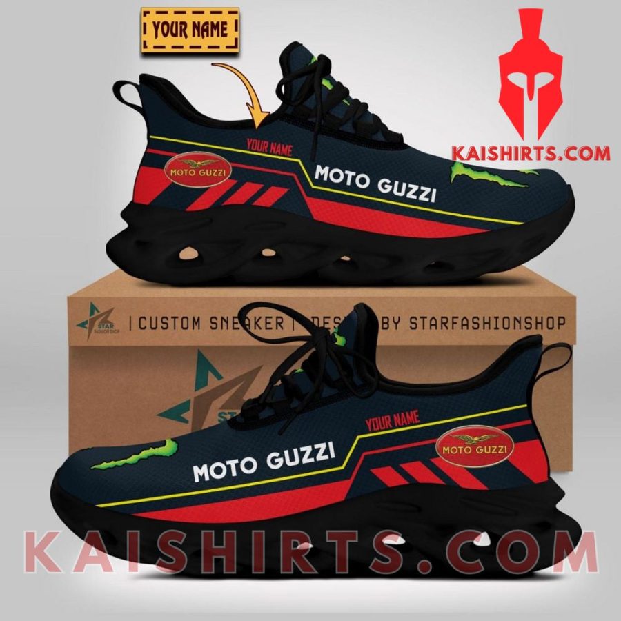 Moto Guzzi Car Monster Energy Style 1 Custom Name Clunky Maxsoul Sneaker - Red Black Three Stripe Pattern's Product Pictures - Kaishirts.com